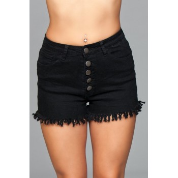 Fringed Black Button Up Shorts