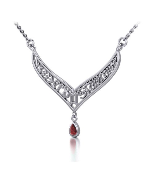 12 Zodiac Symbols Silver Necklace with Teardrop Garnet Birthstone