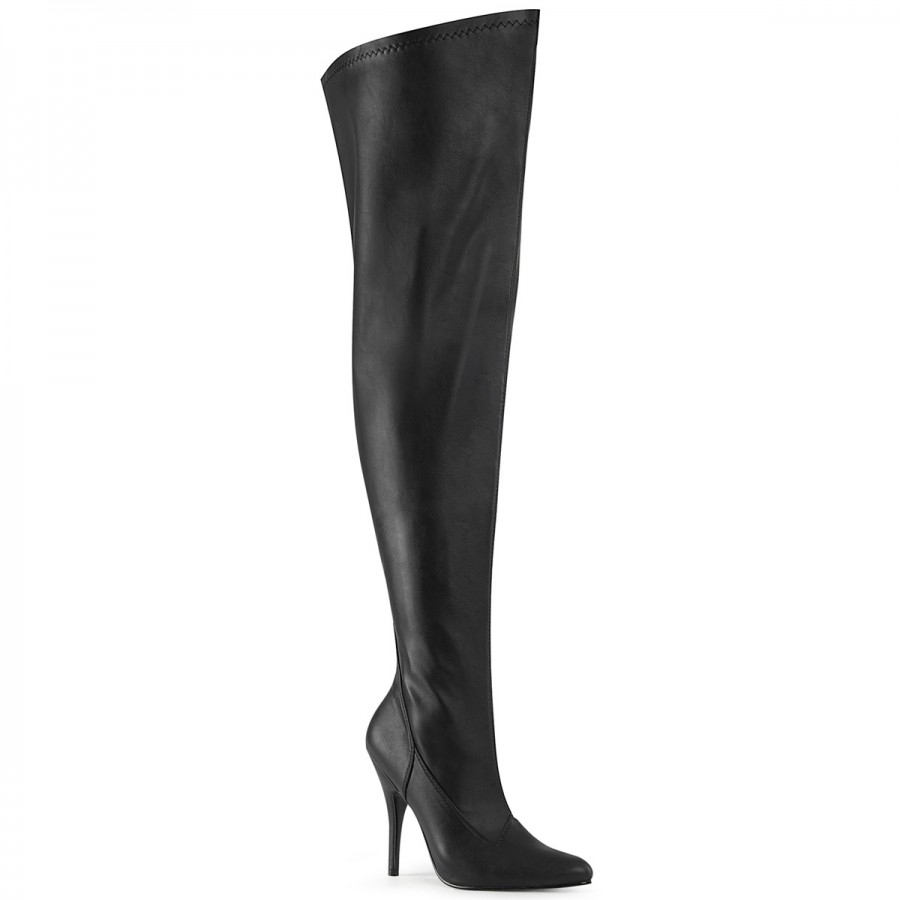 Seduce High Heel Thigh High Wide Calf Boots In Black Matte Faux Leather
